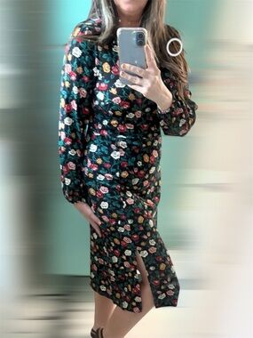 LOFT Outlet Black Long Sleeve Floral Midi Dress Front Slit Petite M NWT